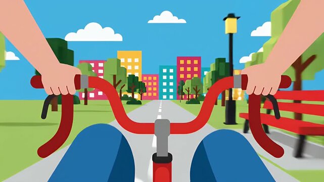 First person view of person riding bicycle on park road