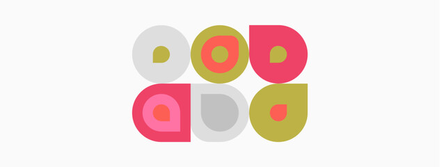 Minimalist design features colorful circles, squares, rectangles. Geometric shapes arranged neatly on pale background. Simple, modern aesthetic.