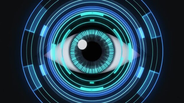 High-tech digital eye illustration featuring glowing blue biometric scanning rings and futuristic HUD interface elements. Concept of artificial intelligence, cybersecurity, retina recognition,