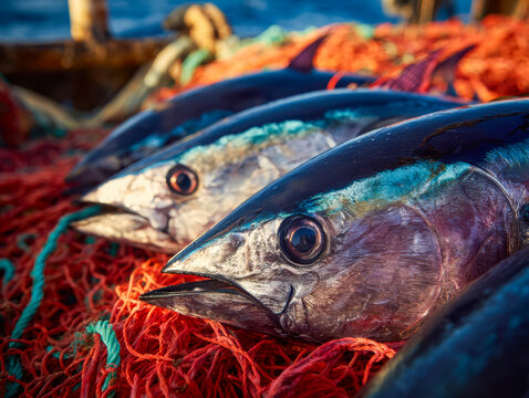 Freshly caught fish displayed on a fishing net in vibrant outdoor setting
