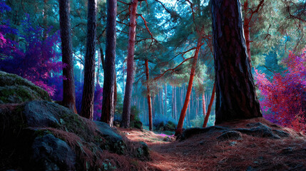 Fototapeta premium Fantasy forest surreal landscape colorful woodland glowing tree magical light dreamy nature blue foliage pink foliage pine tree forest path Enchanted forest scene with surreal glowing trees