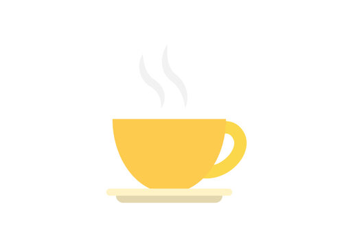 Taza amarilla de caf&eacute; caliente con vapor sobre un plato