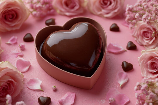 Elegant heart-shaped chocolate cake in a matching box surrounded by delicate pink roses and petals on a romantic pastel pink surface setting