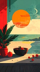 A serene beachside setting at sunset with a table, bowl of fruit, and potted plants