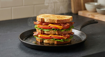 Triple Decker Bacon Cheese Sandwich on Cast Iron Skillet With Lettuce and Tomato.