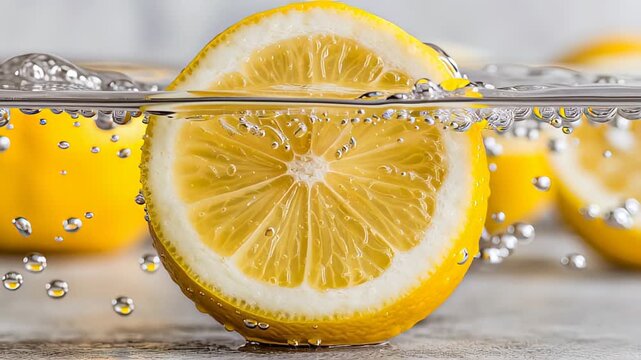 Fresh lemon slice submerged in sparkling water, showcasing bubbles rising around the citrus fruit, with additional lemons blurred in the background for a vibrant, refreshing scene
