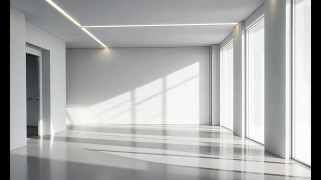 Sunlit minimalist interior with abstract geometric shadows in modern architectural space