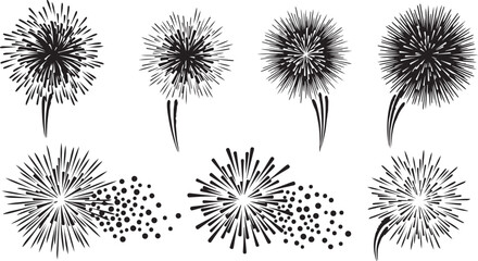 Black and white dandelion flowers illustrations set on white