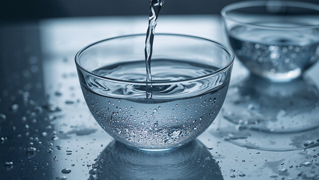 朝の柔らかな光でガラス碗に水を注ぎ始める瞬間