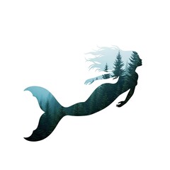 Mystical Mermaid Silhouette With Forest Landscape Fantasy Art Stock Photo