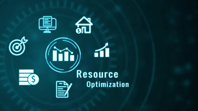 Teal digital with white for computer documents target coins house and bar graph arranged circularly around the word Resource in white text on a dark background with gear-like patterns