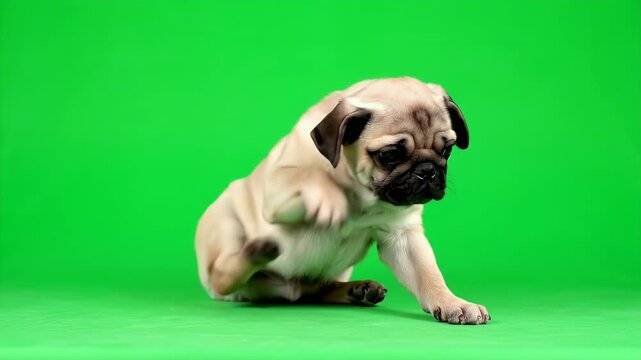 Tan Pug Puppy Sitting on Green Screen Background Pet Animal Breed in Isolation Advertisement Campaign Promotion
