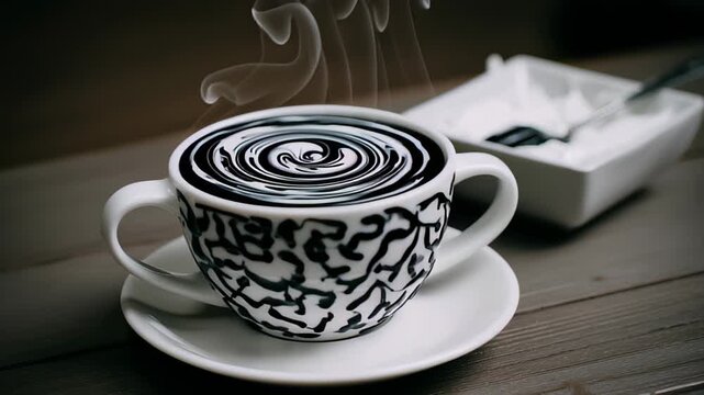 Black coffee in a patterned cup being poured with cream, creating swirling patterns on the surface, accompanied by a small dish of sugar and a spoon on a wooden table