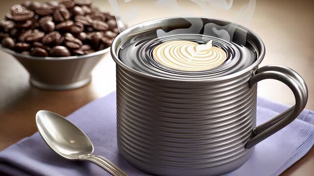 Coffee being poured into a silver tin cup with swirling patterns, steam rising, alongside a bowl of coffee beans and a spoon on a purple napkin