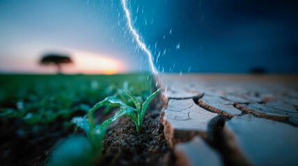 Concept image of climate change showing cracked dry soil versus green crops under storm lightning and rain, symbolizing drought and extreme weather
