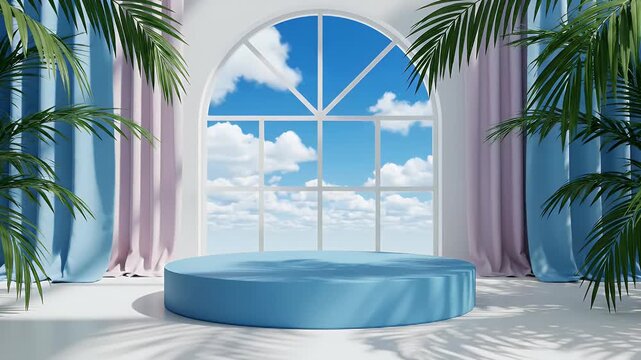 Luxurious Indoor Tropical Oasis Featuring an Arch Window Framed by Lush Palms and a Circular Pool