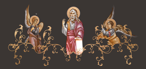Fototapeta premium Jeremiah weeping prophet. Decorative vintage border with angels, illustration in Byzantine style