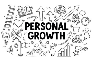 Obraz premium Personal growth concept with doodles of arrows, books, and nature elements