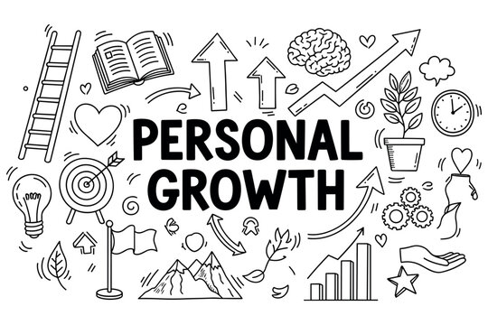 Personal growth concept with doodles of arrows, books, and nature elements