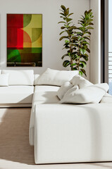 Naklejka premium Large luxury modern bright interiors Living room mockup illustration 3D rendering Digitally Generated Image