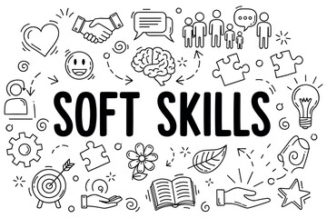 Naklejka premium Soft skills concept with doodle icons: communication, teamwork, creativity, leadership, problem-solving