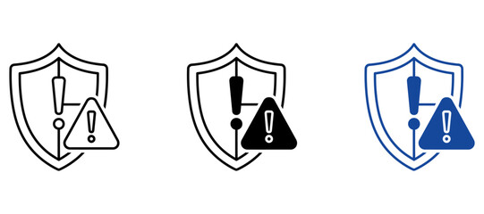 Cyber Security Warning Icons Set, Shield with Alert Exclamation Mark for Data Protection Risk and System Vulnerability