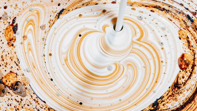 Liquid swirl of cream mixing with dark syrup on a wooden surface, creating a dynamic pattern of colors and textures in a close-up view of the blending process