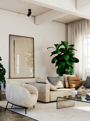 Naklejka premium Large luxury modern bright interiors Living room mockup illustration 3D rendering Digitally Generated Image