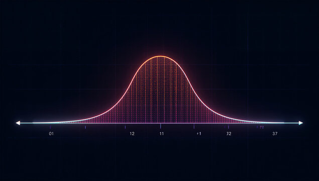 点線と矢印で方向を示す基線、虹色ベル曲線のわかりやすい図
