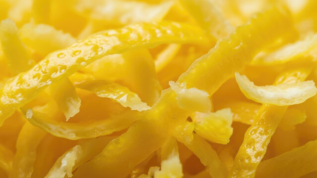 Close-up of vibrant yellow zesty lemon peels.