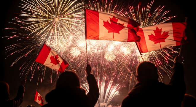 Spectacular fireworks display illuminating the canadian flag during a national celebration