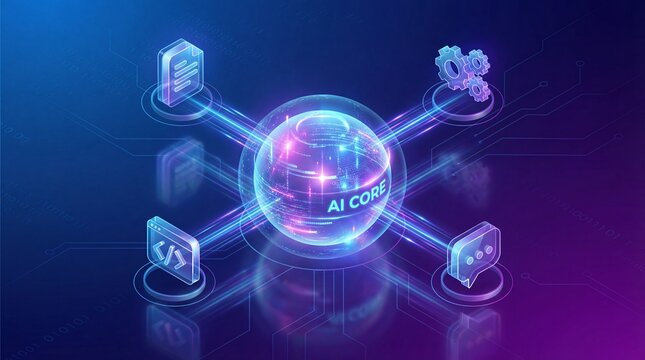 3D visualization of Agentic AI core connecting to task icons. Concept of autonomous artificial intelligence, agentic workflow automation, and digital task execution system.