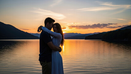 Fototapeta premium Couple embracing by a serene sunset lake.