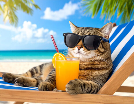Lustige Katze liegt am Strand auf einer Liege mit Cocktail und Sonnenbrille