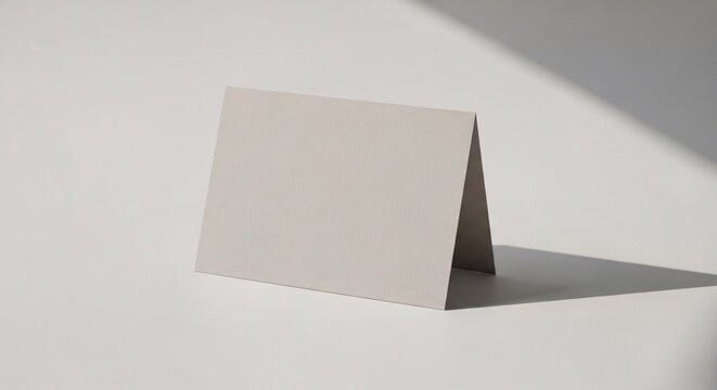 A beige folded tent card mockup standing on a flat surface with warm natural sunlight and soft diagonal shadows for an organic and modern look.