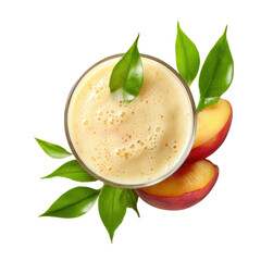 A glass of creamy peach smoothie with fresh peaches and leaves on a black background