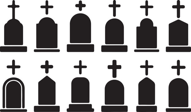 Collection of black silhouette tombstones with crosses on a white background
