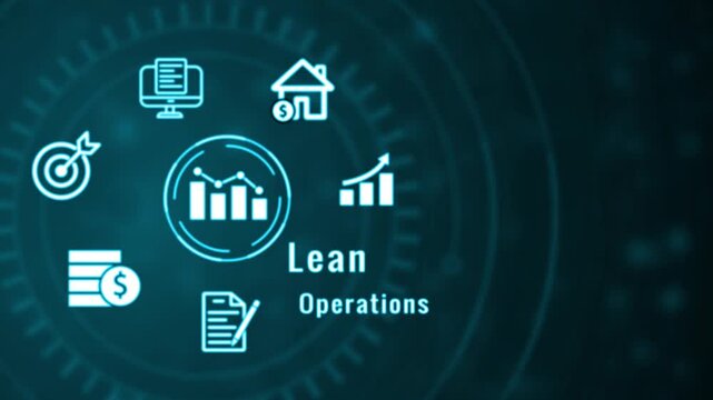 Digital infographic representing lean concepts with of a computer screen with documents a target with an arrow coins with a dollar sign a house with a dollar sign a bar chart and a document with a