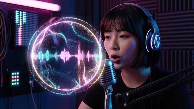 Video of glowing AI sound wave orb pulsing in sync with human voice. Visualizing voice recognition technology, virtual assistant response, natural language processing, and audio interface.