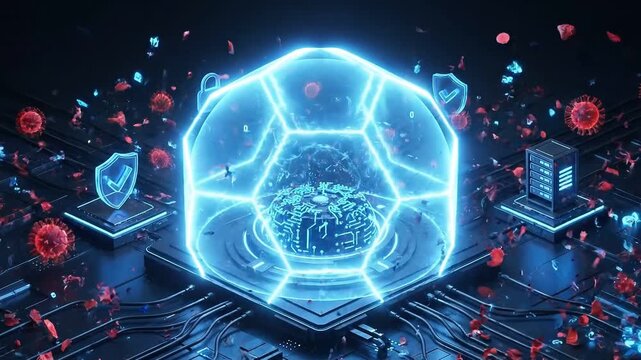 Animated video of AI shield neutralizing cyber attacks and viruses. Visualizing automated network security, real-time threat detection, digital safety protection, and autonomous cyber defense system.