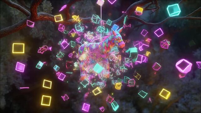 A vibrant explosion of colorful squares and rectangles radiates from a central point amidst a dark background with tree branches