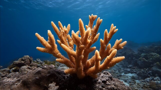 A vibrant orange staghorn coral colony growing on a rocky reef underwater