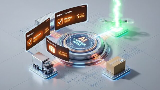 Animated video of AI routing packages and managing delivery vehicles. Visualizing supply chain automation, smart logistics, real-time inventory management, and autonomous shipping technology.