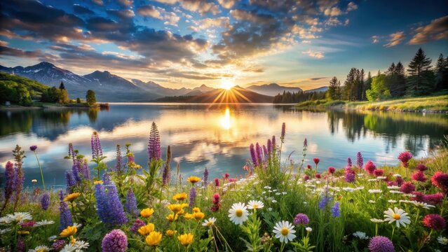 Serene lake landscape serenades with vibrant wildflowers in full bloom