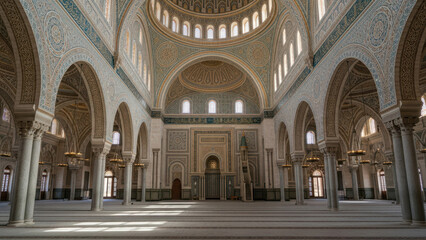 Fototapeta premium Stunning interior of a grand, ornate mosque with intricate designs.