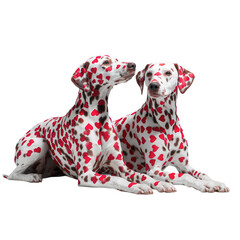 Two dalmatian dogs with red hearts on black background