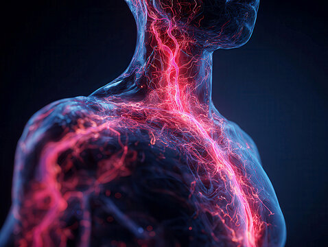 Transparent human torso visualization, red and blue electrical flow, central vagus nerve, homeostasis, volumetric lighting, cinematic, ultra-realistic, 8K, digital illustration, human f - AI-Generated