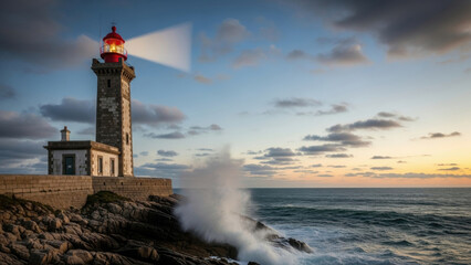 Ocean waves crash against a lighthouse at sunset.