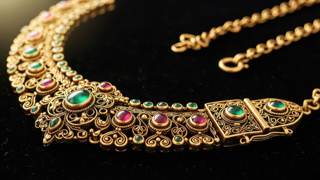 Ornate gold necklace with emerald and ruby stones.