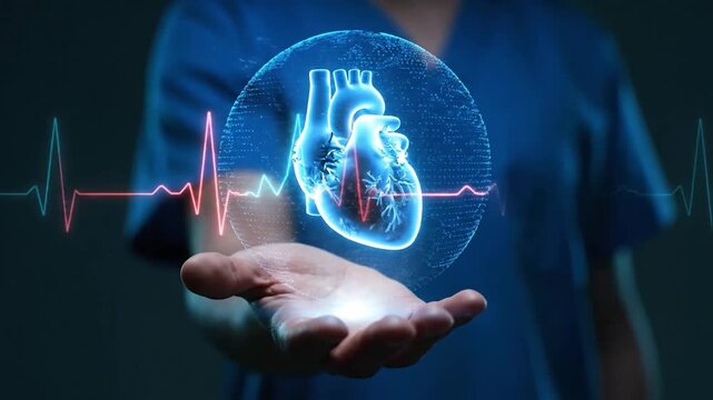 A medical professional displaying a digital illustration of a heart with a cardiovascular system and ECG waveform in their hand against a dark background with a focus on congenital heart disorder.